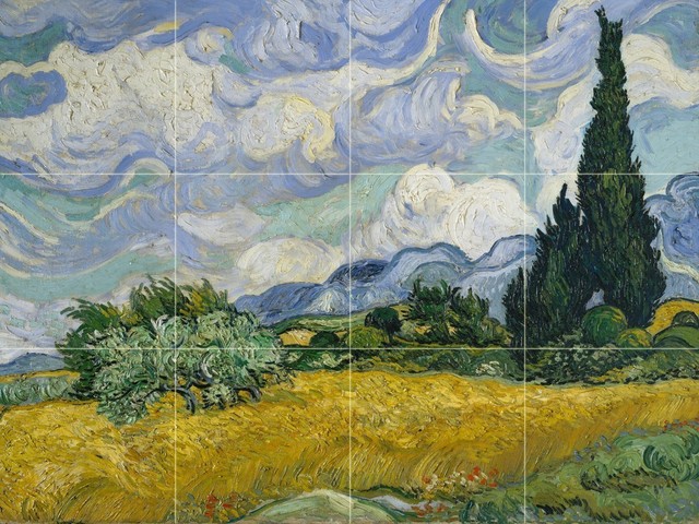 Tile Mural Wheat Field With Cypresses Ceramic Glossy