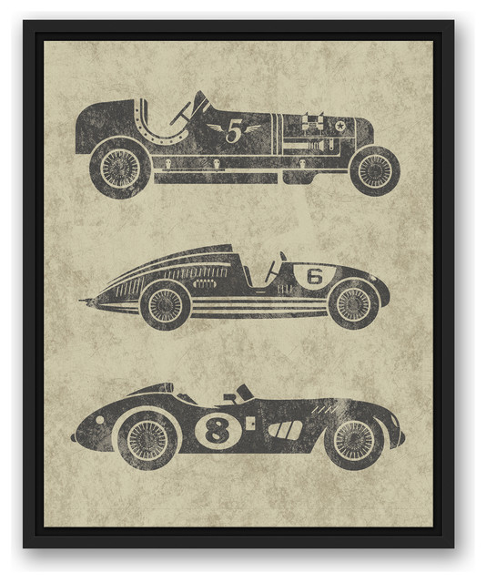 Vintage Race Cars 16x20 Black Floating Framed Canvas Contemporary Prints And Posters by