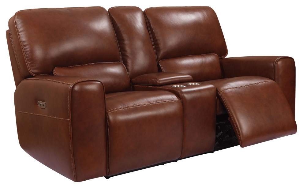 Hudson Top Grain Leather Power Recliner Loveseat With USB Charging