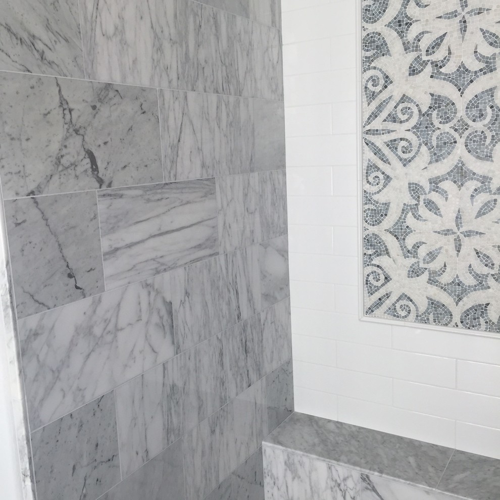 Design ideas for a mid-sized transitional master bathroom in San Luis Obispo with a drop-in sink, flat-panel cabinets, white cabinets, marble benchtops, a freestanding tub, an open shower, gray tile, mosaic tile, blue walls and mosaic tile floors.