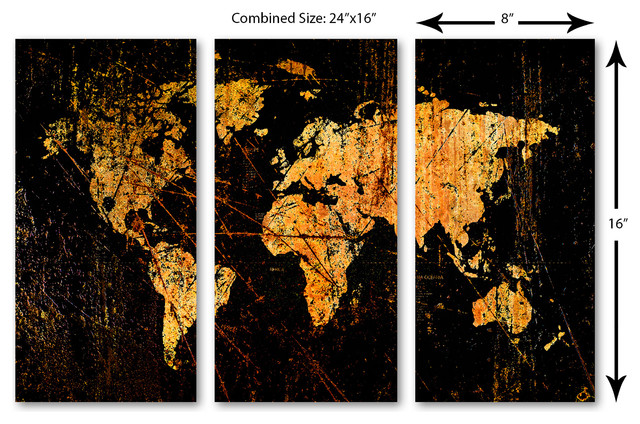 Abstract Black World Map Canvas Print 3 Panel Split, Triptych Wall Art ...