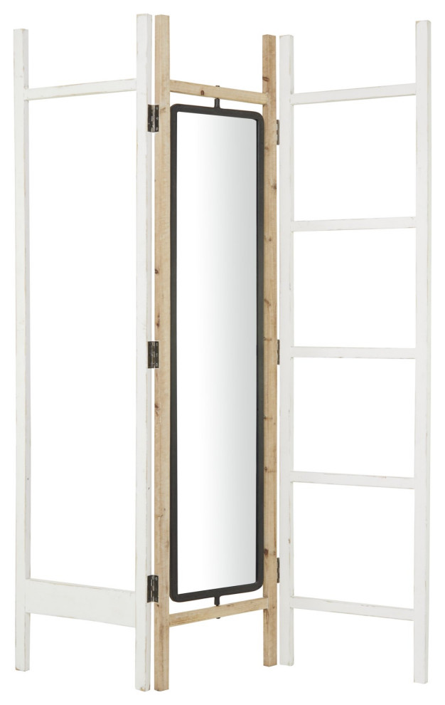 Foldable Room Divider, 3 Panel Design With Mirrored Shades & Ladder