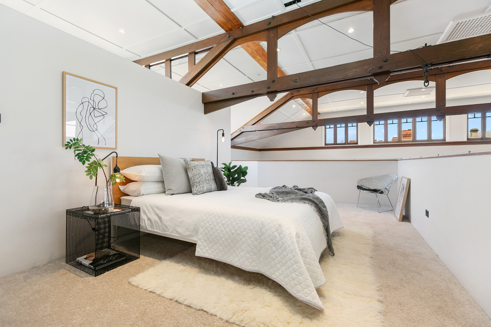 Inspiration for a large contemporary loft-style bedroom in Hobart with white walls, carpet and beige floor.