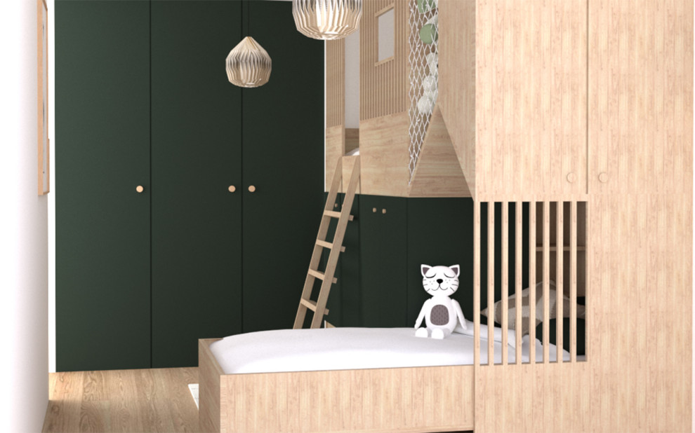 Foto de dormitorio infantil de 1 a 3 años nórdico pequeño con paredes verdes y suelo de madera clara