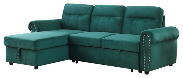 Maklaine Velvet Fabric Reversible Sleeper Sectional Sofa Chaise in Gray ...