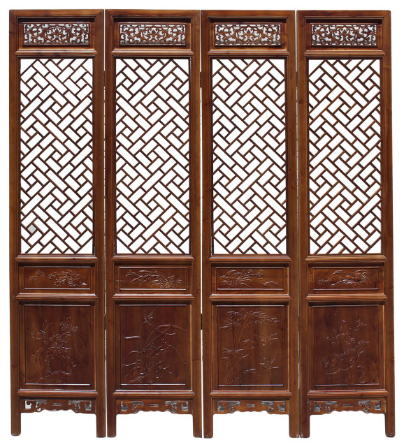 Chinese Brown Geometric Pattern Theme Wood Panel Floor Screen Hc5258