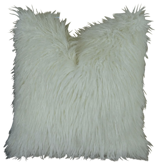 Curly Mongolian Fur White Handmade Throw Pillow, 20"x12" Contemporary Decorative Pillows