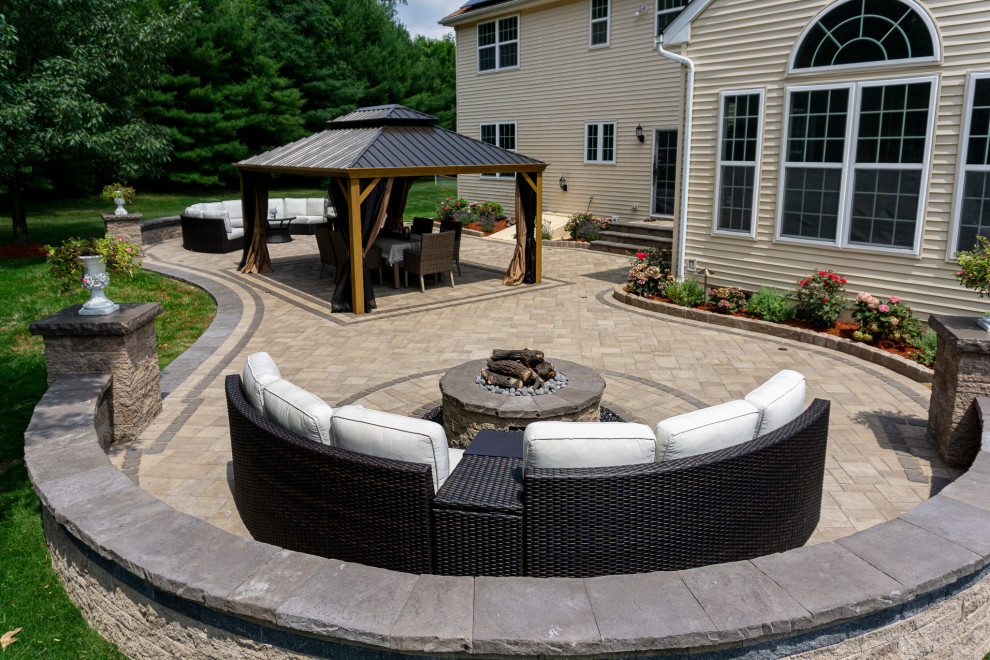 Plainsboro, NJ: Rear Paver Patio, Fire Feature, Pavilion, Landscape