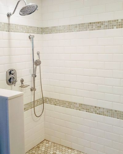 Corner shower - mid-sized transitional 3/4 white tile and subway tile beige floor corner shower idea with white walls