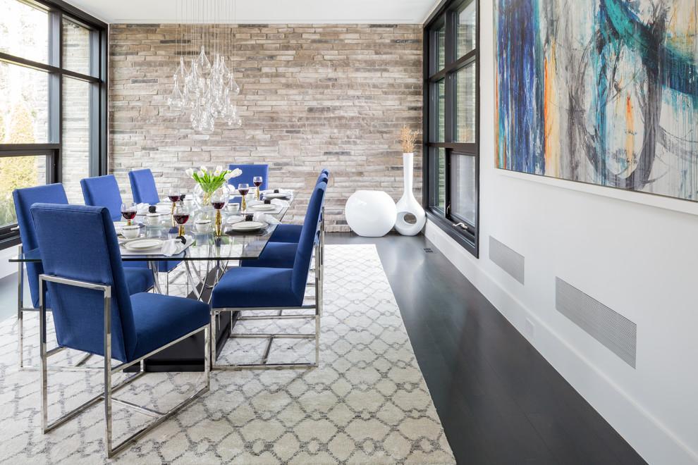 Large contemporary separate dining room in Toronto with white walls and dark hardwood floors.