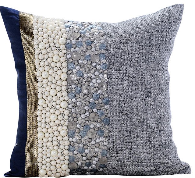 Blue Decorative Pillow Covers Cotton Navy Pearlized Beach Style