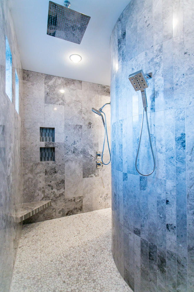 Design ideas for a contemporary master bathroom in Seattle.