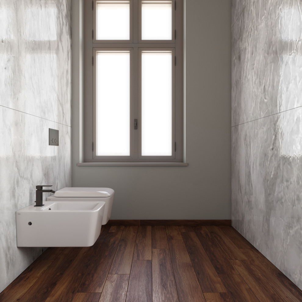 Large modern shower room bathroom with flat-panel cabinets, a built-in shower, a wall mounted toilet, marble tiles, multi-coloured walls, dark hardwood flooring, a vessel sink, tiled worktops, brown floors, a hinged door, white worktops, a single sink and a floating vanity unit.