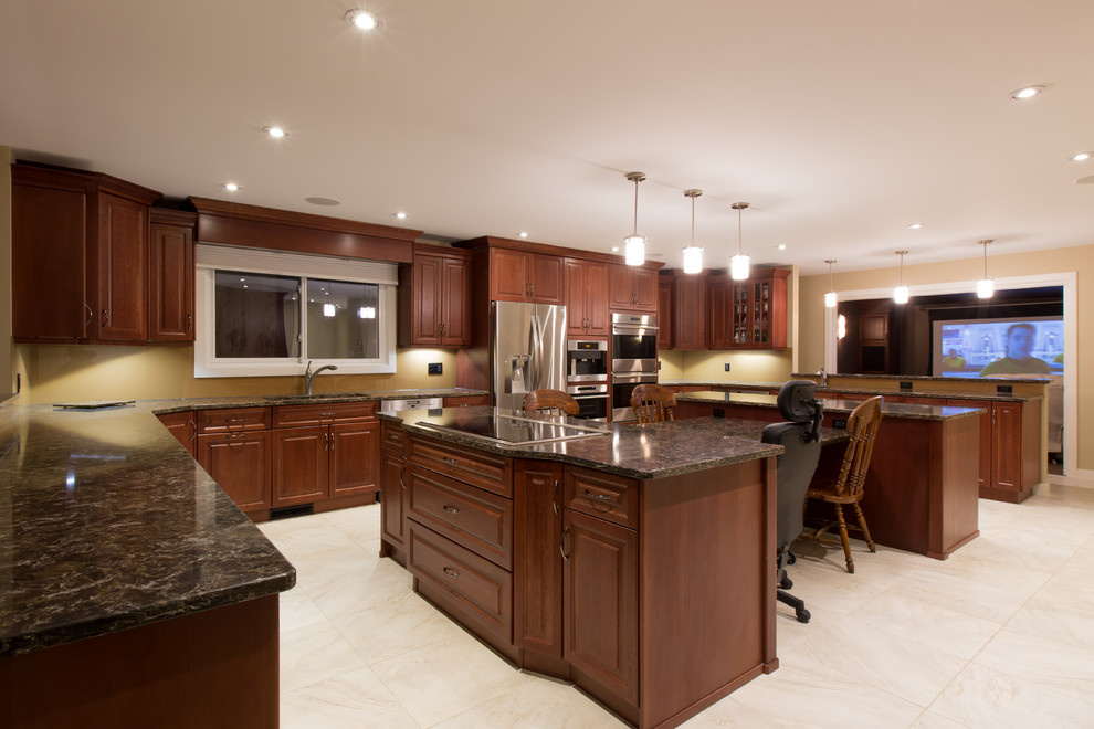 Inspiration for a large transitional u-shaped ceramic tile eat-in kitchen remodel in Edmonton with an undermount sink, raised-panel cabinets, medium tone wood cabinets, quartz countertops, black backsplash, glass sheet backsplash, stainless steel appliances and an island