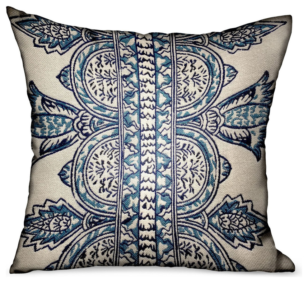 Aristocratic Floret White/ Blue Paisley Outdoor/Indoor Pillow, 16"x16"