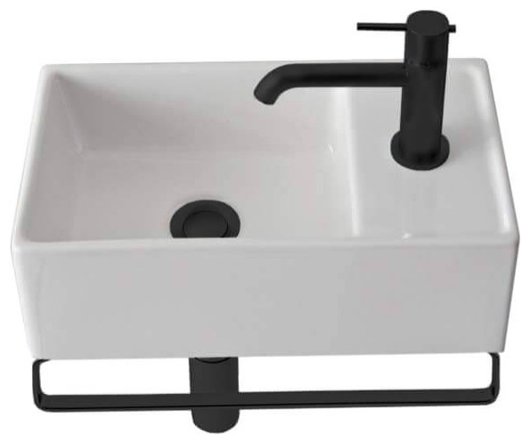 Small Wall Mounted Ceramic Sink With Matte Black Towel Bar, One Hole