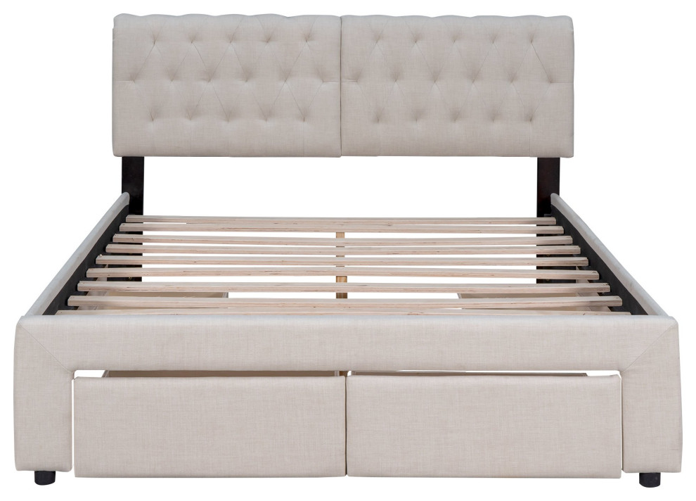 Elegant Platform Bed, Side Drawers and Button Tufted Scrolled Headboard ...