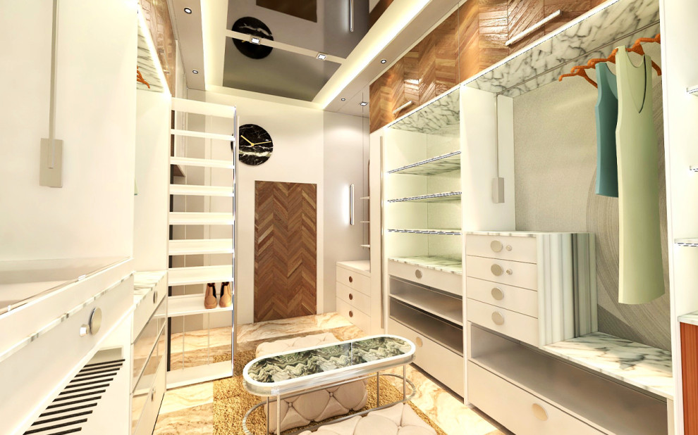 Mid-sized contemporary gender-neutral walk-in wardrobe in London with flat-panel cabinets, white cabinets, marble floors, beige floor and timber.