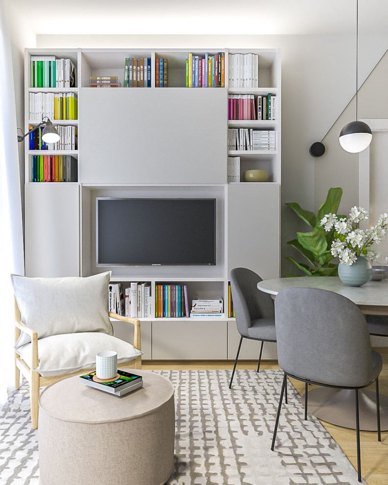 Idee per un piccolo soggiorno minimal aperto con libreria, pareti multicolore, parquet chiaro, TV nascosta e soffitto ribassato