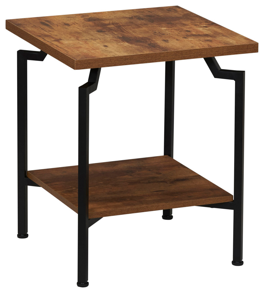 Crown Square Side End Table, Storage Shelf Rustic Hickory, Black Metal