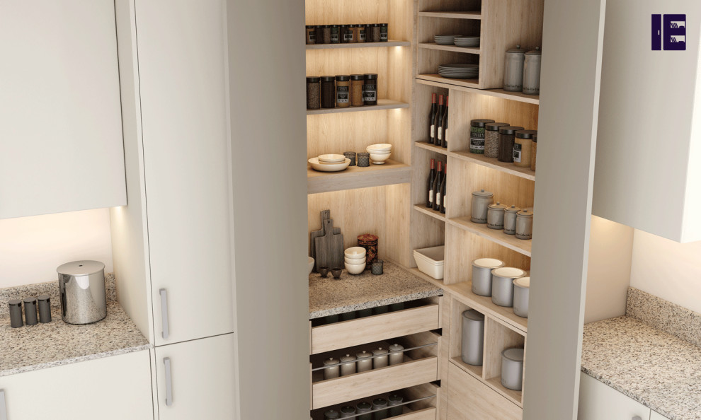 This is an example of a large contemporary kitchen in London with shaker cabinets and grey cabinets.