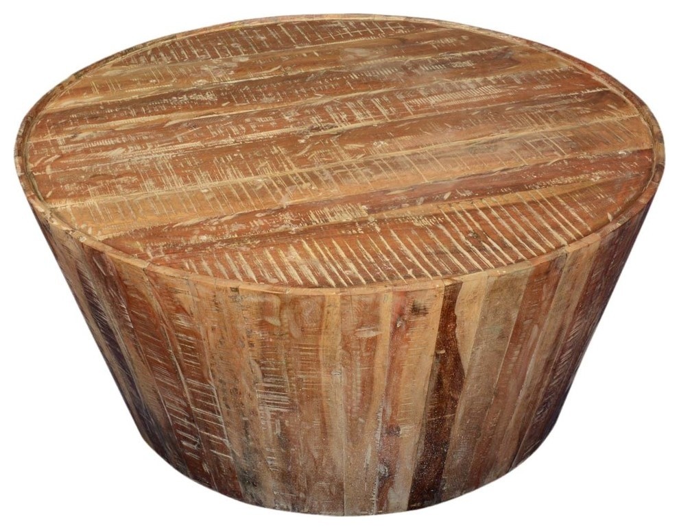 38 Round Rustic Reclaimed Wood Tapered Sides Coffee Table