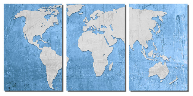 Light Blue And Silver World Map, Metal Print Wall Art, 3 Panel Split ...