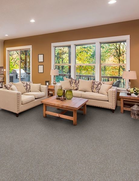 Arts and crafts open concept carpeted and gray floor living room photo in Columbus with beige walls