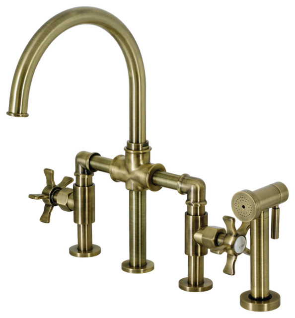 KS2333NX Bridge Kitchen Faucet With Brass Sprayer, Antique Brass