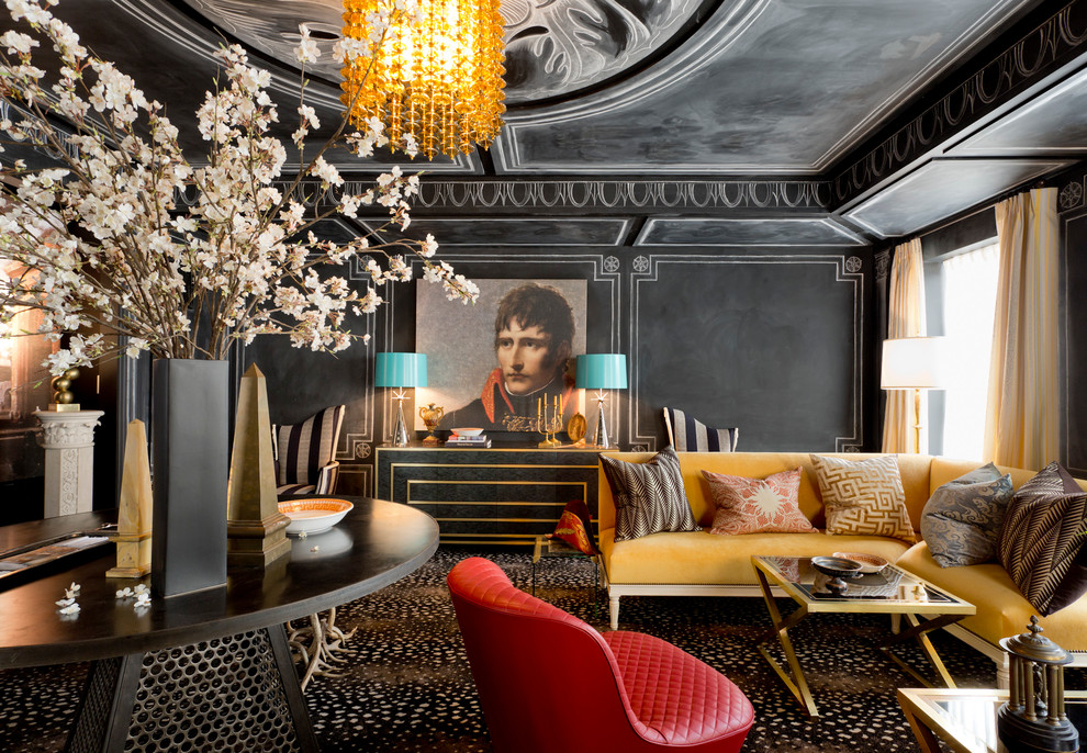This is an example of a contemporary formal enclosed living room in New York with black walls and carpet.