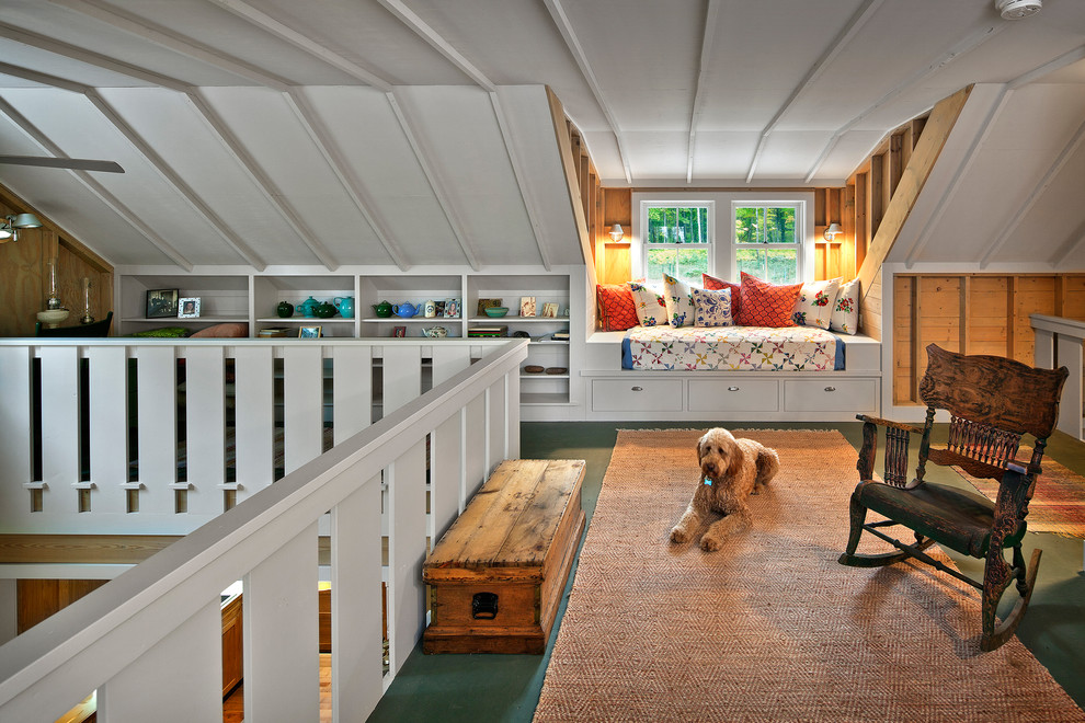 Family room - mid-sized farmhouse loft-style family room idea in Minneapolis with white walls, no fireplace and no tv
