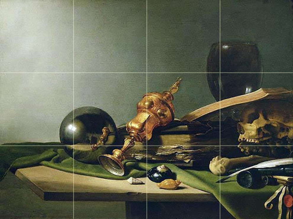 Tile Mural, Vanitas Still Life With Crystal Ball, 8" Ceramic, Matte