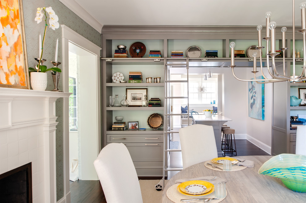 Example of a mid-sized transitional dark wood floor enclosed dining room design in Richmond with blue walls, a standard fireplace and a tile fireplace