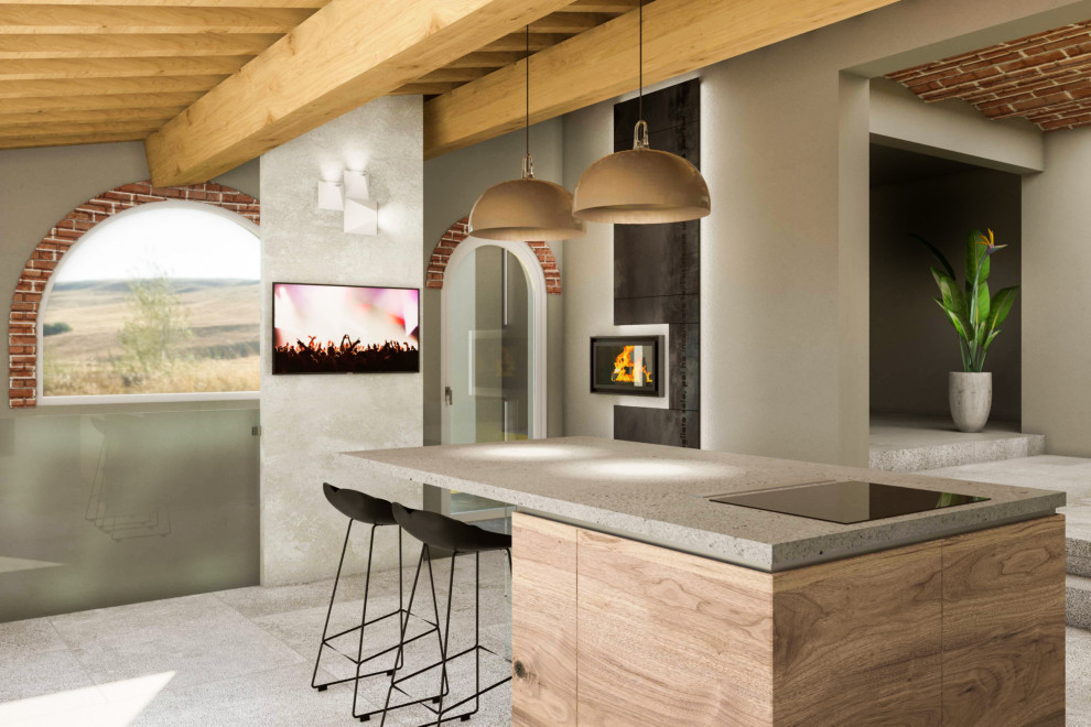 Idéer för ett mellanstort grå linjärt kök med öppen planlösning, med en integrerad diskho, skåp i rostfritt stål, grått stänkskydd, rostfria vitvaror, kalkstensgolv, en köksö och grått golv