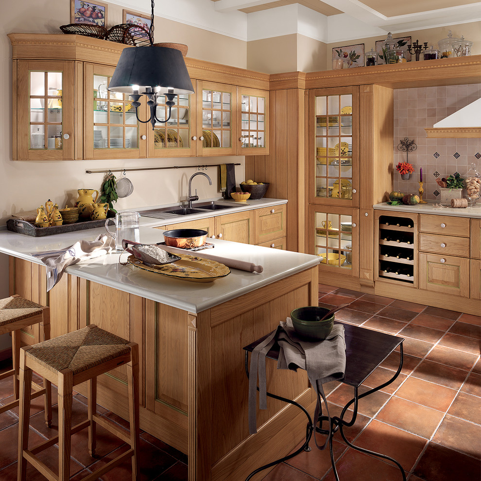 Design ideas for a large traditional u-shaped open plan kitchen in Other with a double-bowl sink, recessed-panel cabinets, light wood cabinets, quartz benchtops, a peninsula and white benchtop.