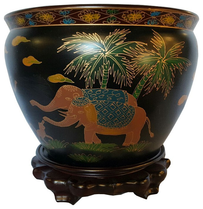 Chinese Black Lacquer Planter Indian Elephant Design 14" W