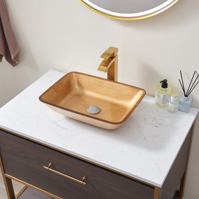 Gold Glass Rectangular Vessel Bathroom Sink minimalistisch-badezimmer