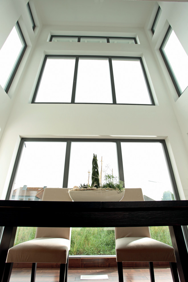 Moderner Wintergarten mit dunklem Holzboden, Kaminofen und braunem Boden in Sonstige