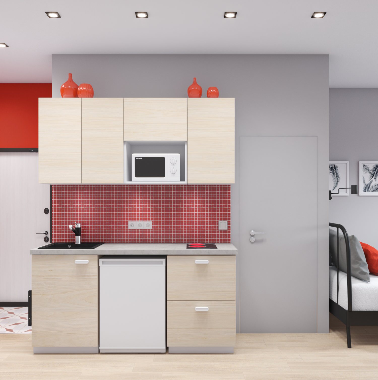 Студия с красными акцентами