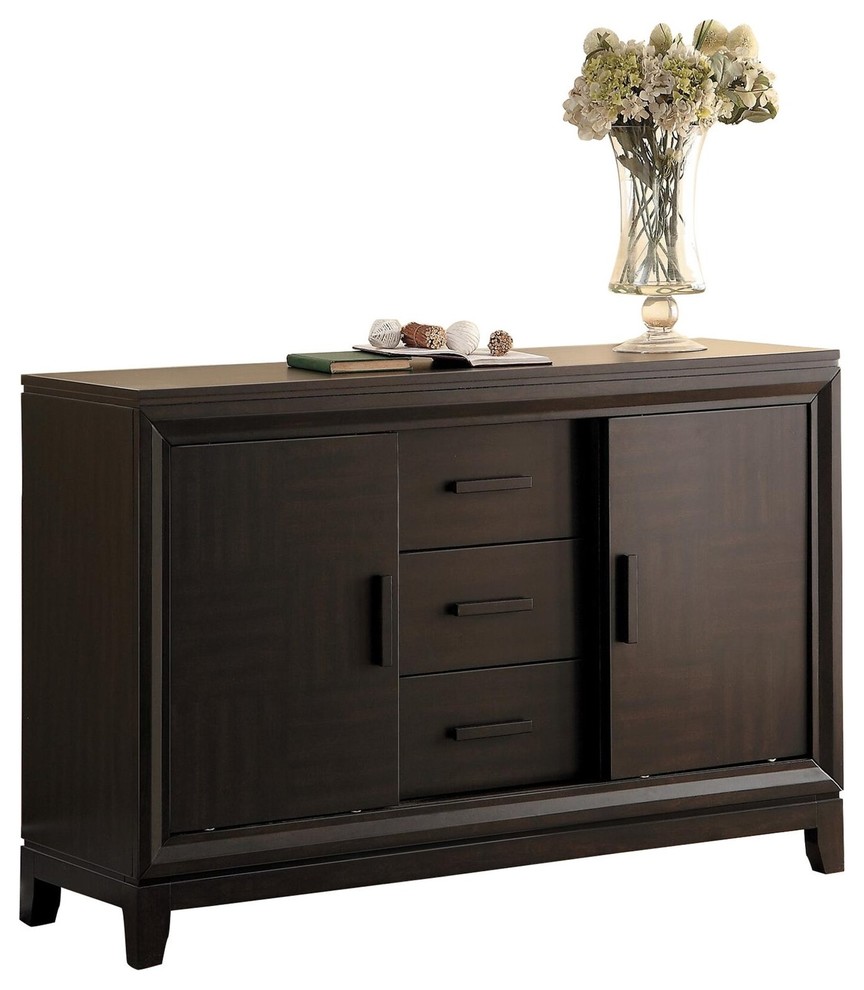 Wooden Server Buffet With Sliding Doors, Dark Brown - Transitional ...