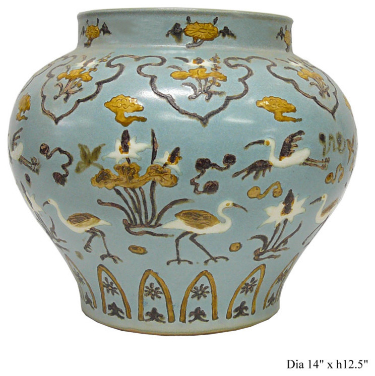 Chinese Clay Pastel Blue Crane Motif Vase