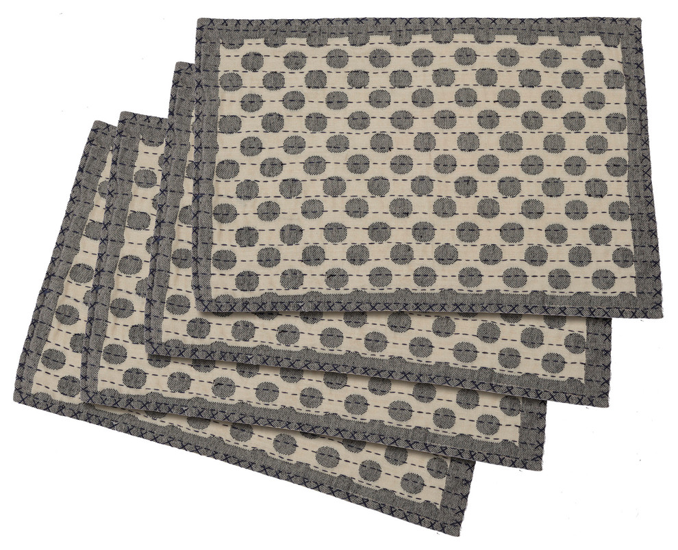 Artisan Hand Loomed Place Mat, Gray Dots, 14"x19", Set of 4 Contemporary Placemats by
