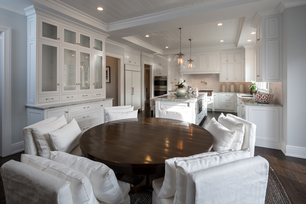 Inspiration for a mid-sized transitional dark wood floor and brown floor kitchen/dining room combo remodel in New York with gray walls and no fireplace