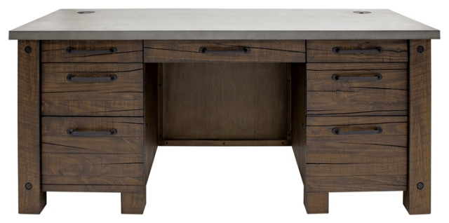 Double Pedestal Wood Desk Office Desk Rustic Brown With Concrete Top
