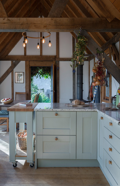 country  Sage Green Shaker kitchen with Colonial White granite 