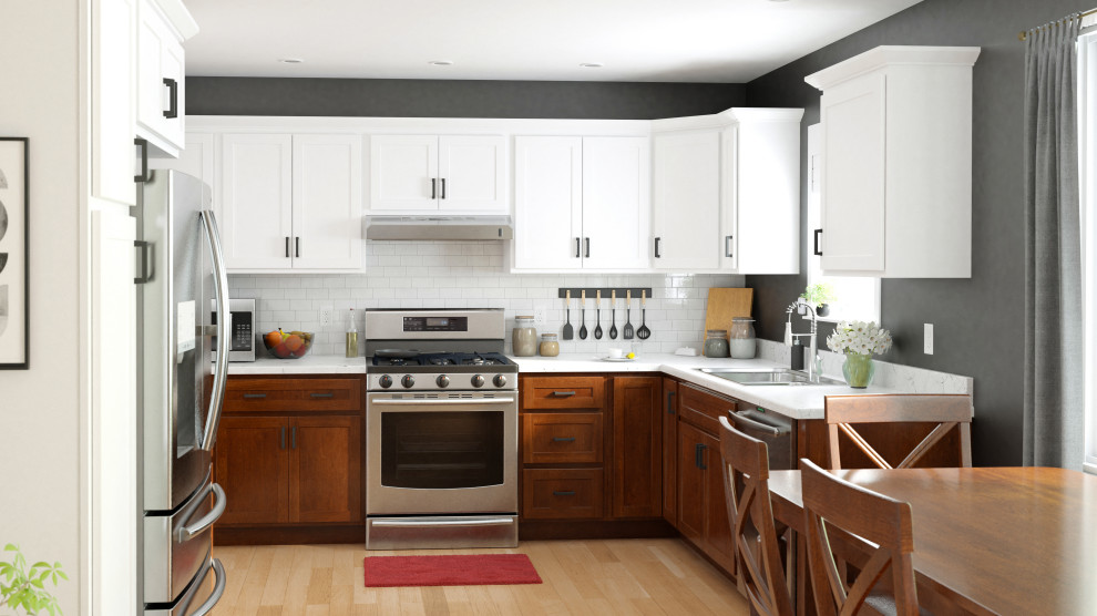 Design ideas for a transitional u-shaped eat-in kitchen in Other with shaker cabinets and no island.