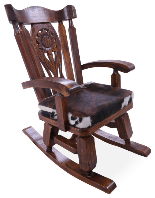 Wooden Rocking Chair Handcarved Back Removable Hair-On Cowhide Pillow ...