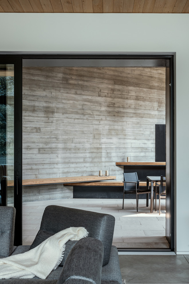 Imagen de salón abierto minimalista con paredes blancas, suelo de cemento, suelo gris y madera