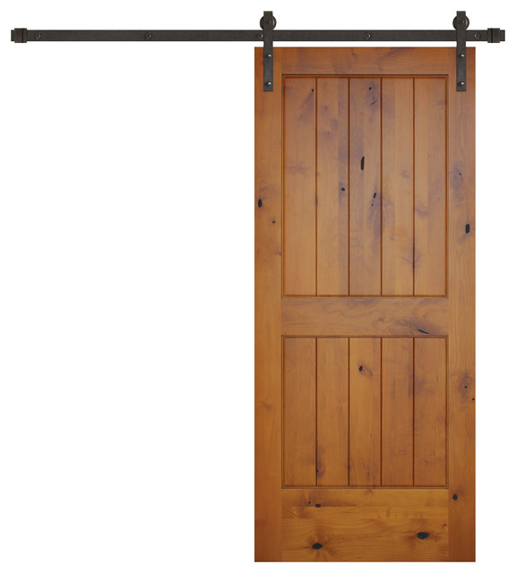 Prefinished Interior Knotty Alder 2 Panel V Groove Barn Door Bronze Hardware Interior Doors 6748