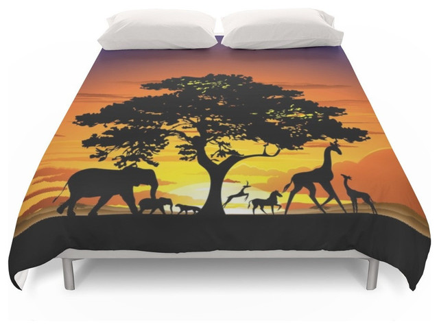 Wild Animals On African Savanna Sunset Duvet Cover Tropical